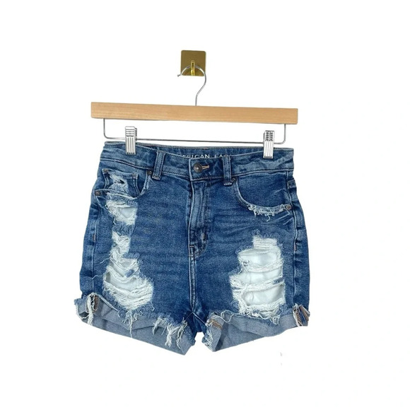American Eagle Stretch Distressed Cuff Denim Mom Shorts in Blue Size 2 - Picture 1 of 12